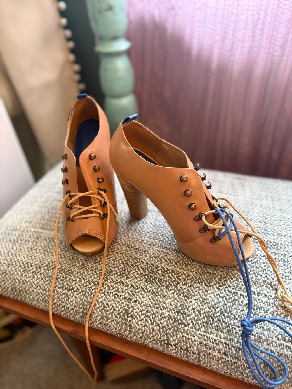 Diesel Tan Lace-Up Peep-Toe Platform Booties with Blue Laces - Picture 4 of 7